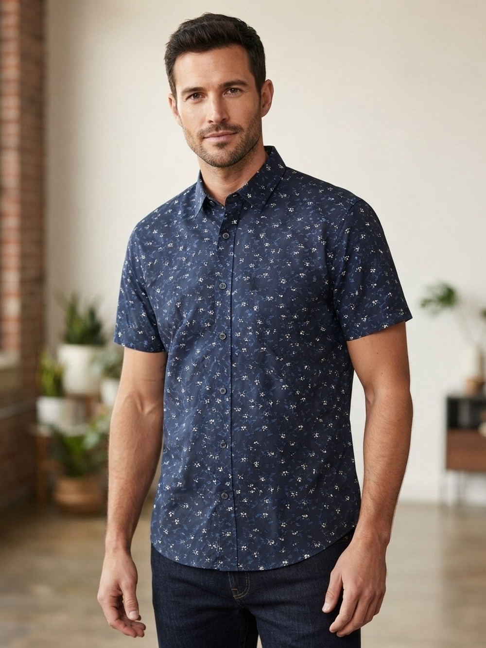 Denim & Flower Navy Short-Sleeve Floral Button-Down Shirt Size L